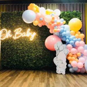 Baby Shower Green Leaves Backdrop with Neon Light