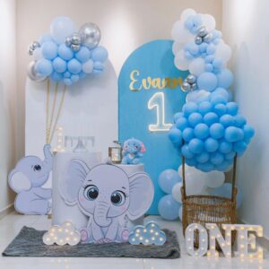 Blue Baby Elephant Decoration with Hot Air Balloon Basket